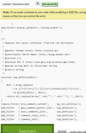 Codeschnippsel dofollw in der custom_functions.php